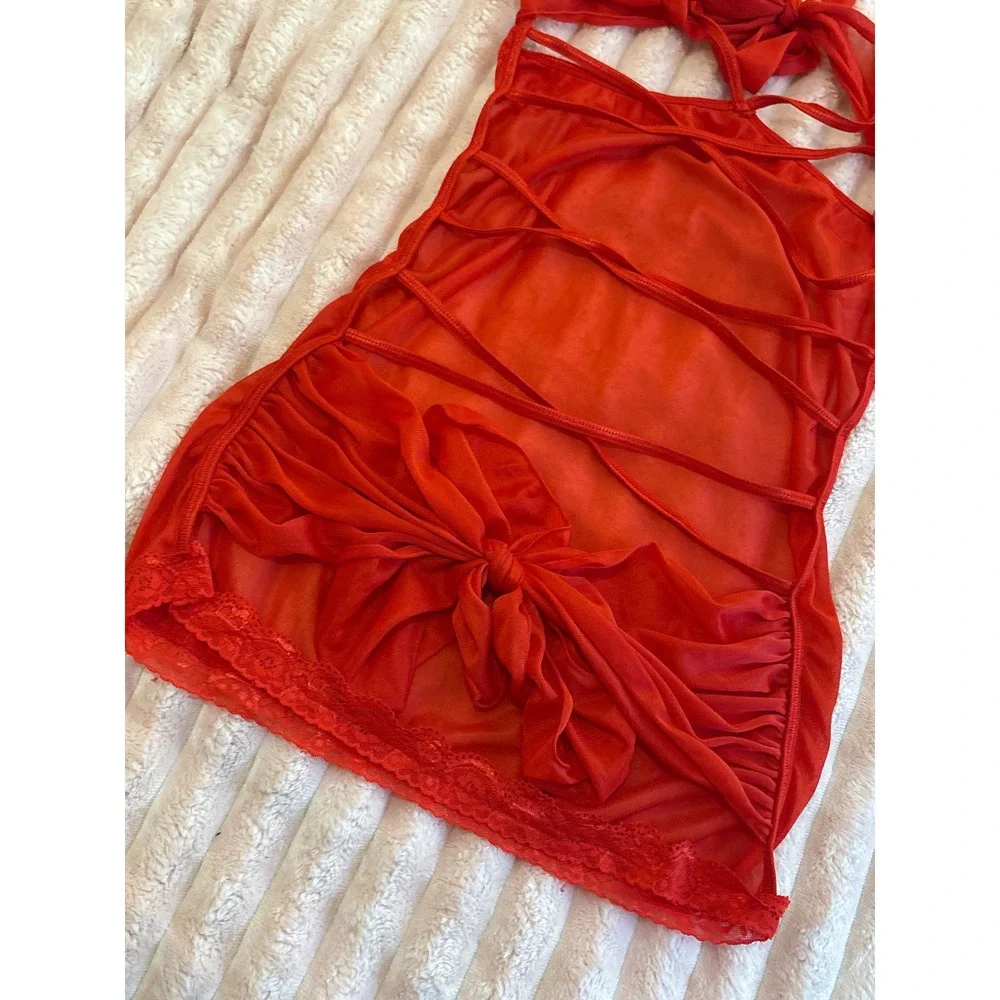 Womens‎ Red Sheer Mesh Open Bust Halter Babydoll Lingerie Dress, Size Medium